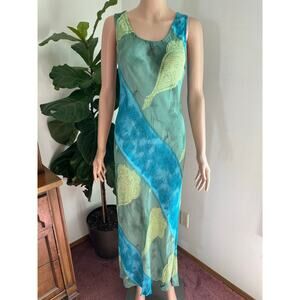 Vintage paisley maxi dress teal green boho slip dress 90s fitted